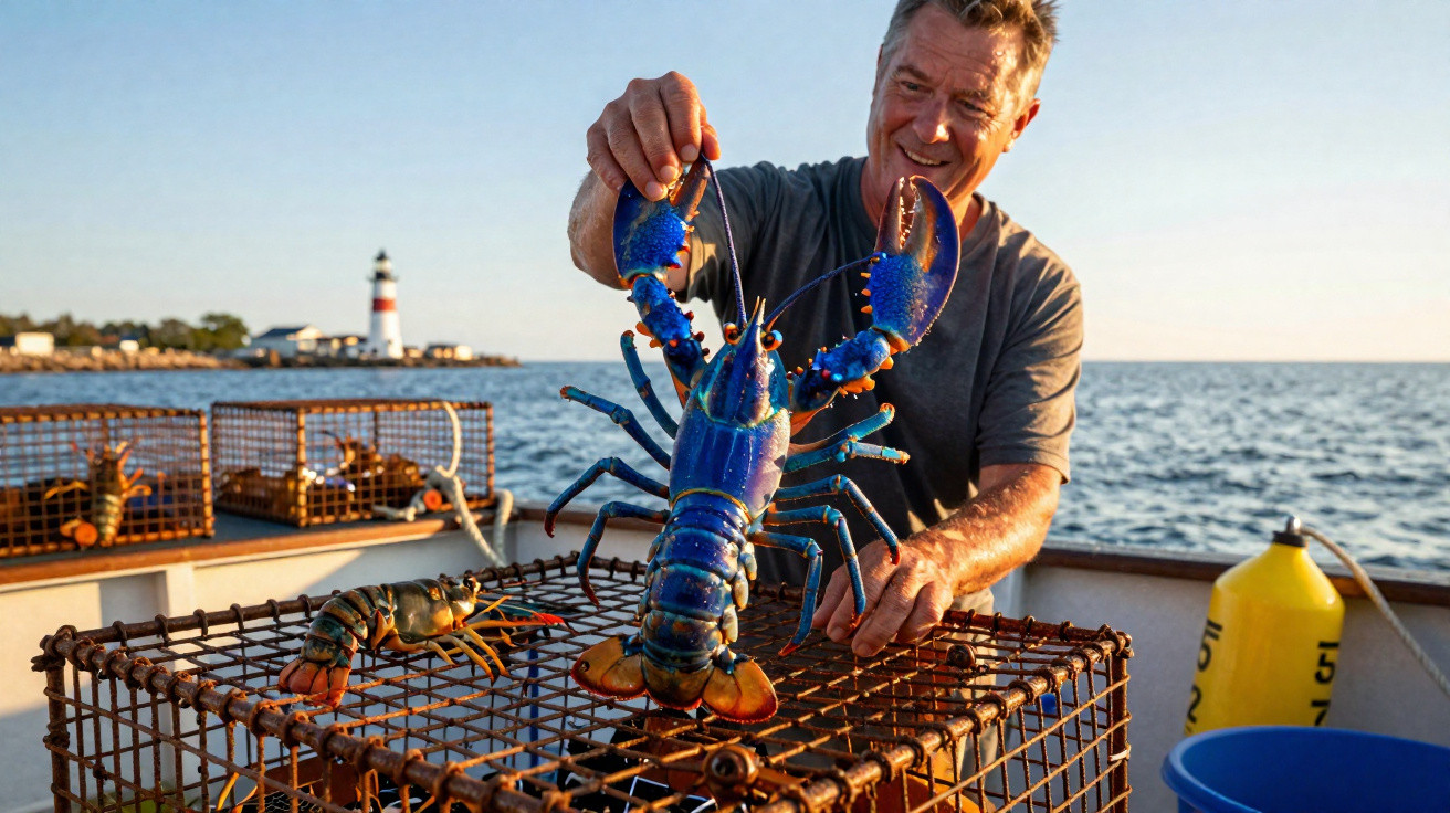 Homem a segurar uma lagosta azul sobre armadilha no convés de barco com farol ao fundo.
