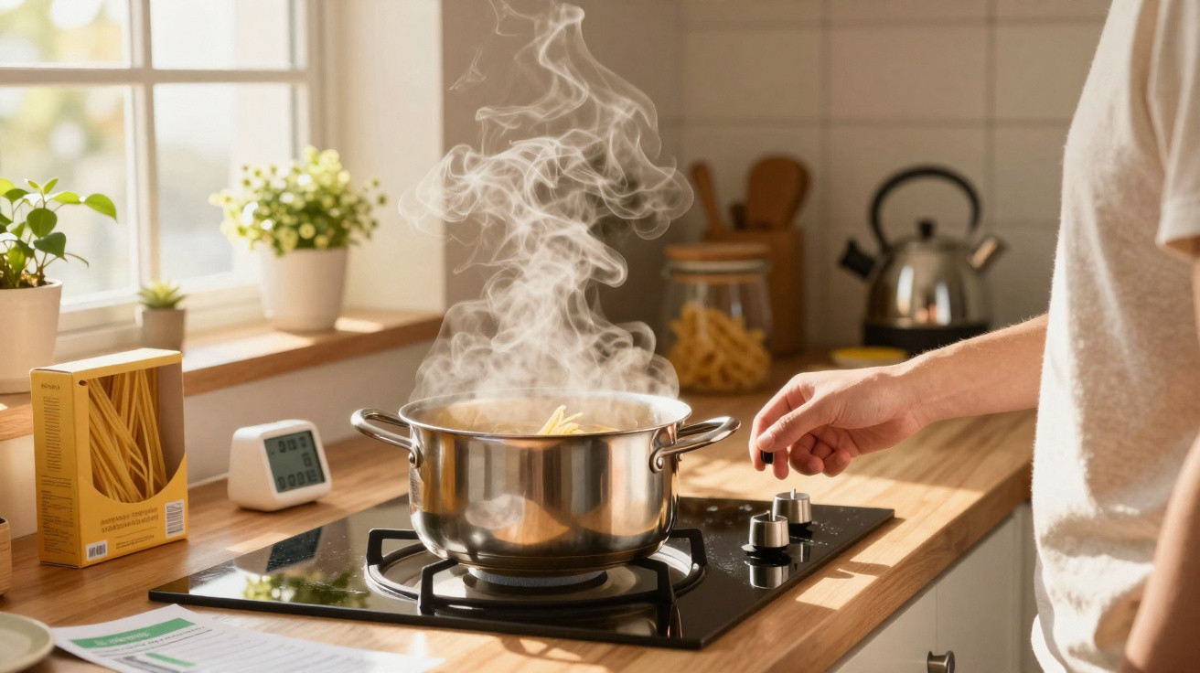 Pessoa a cozinhar massa numa panela metálica sobre fogão em cozinha iluminada natural.