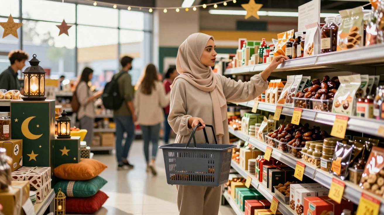 Mulher com hijabe faz compras num supermercado decorado com luzes e estrelas suspensas.