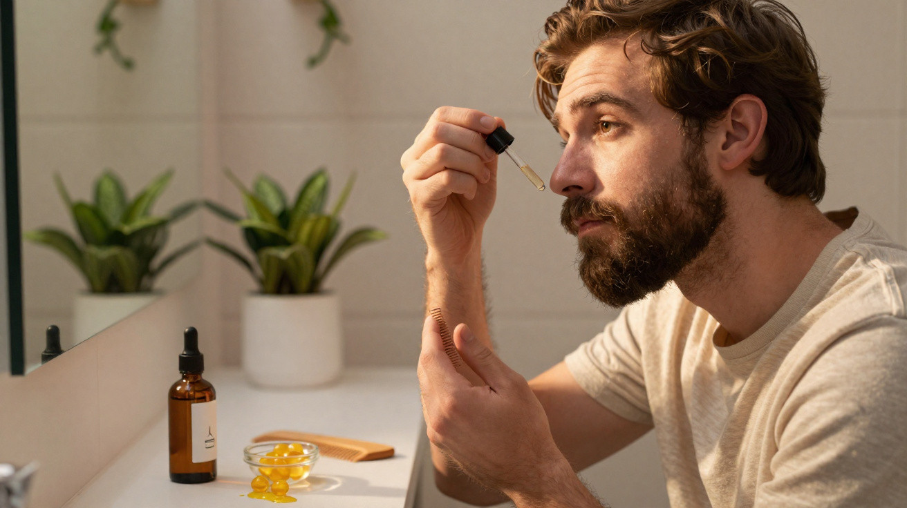 Homem com barba aplica óleo no rosto com conta-gotas perto do espelho numa casa de banho com plantas.