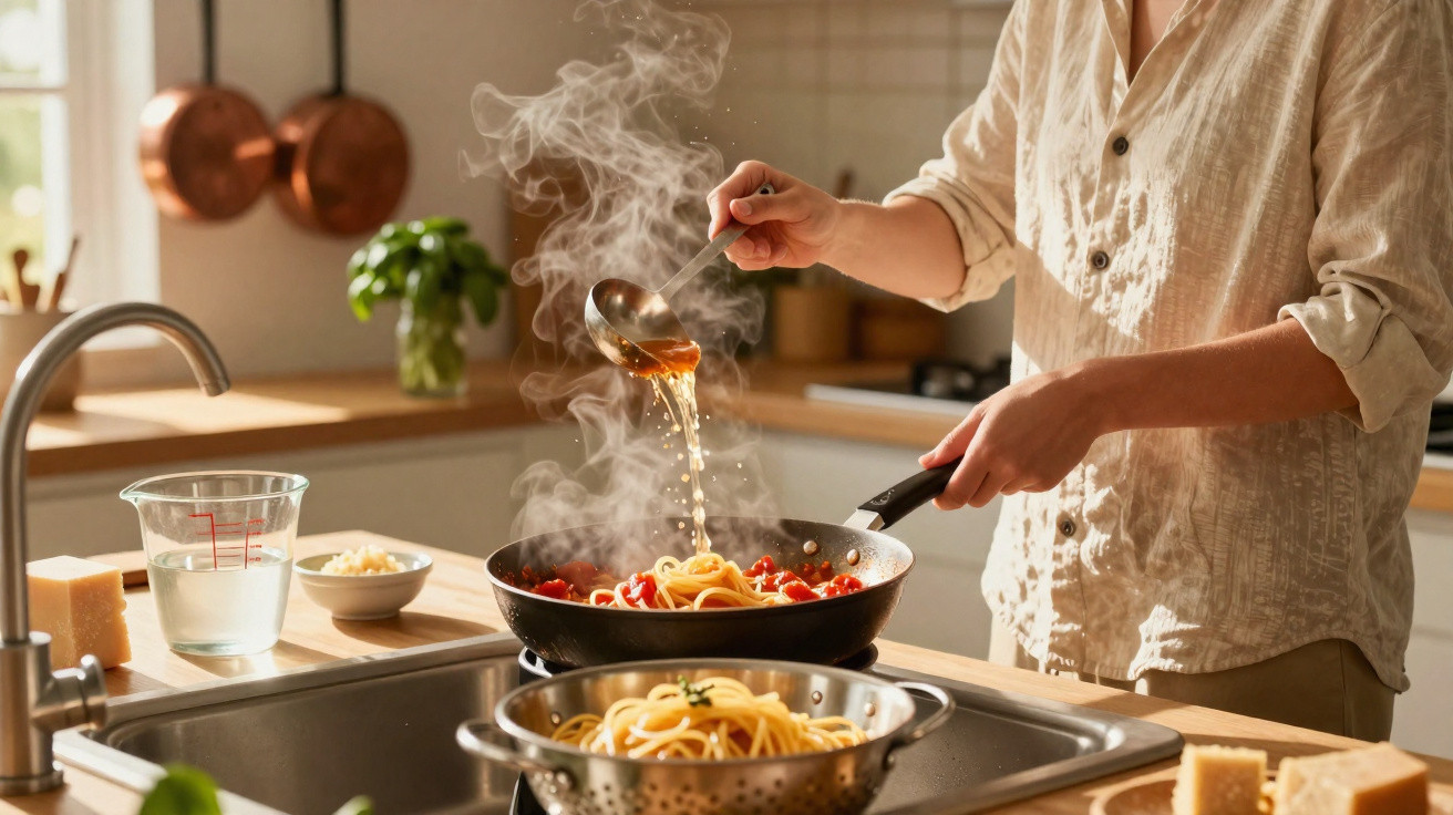 Pessoa a preparar esparguete com molho de tomate numa cozinha luminosa, com vapor a sair da frigideira.