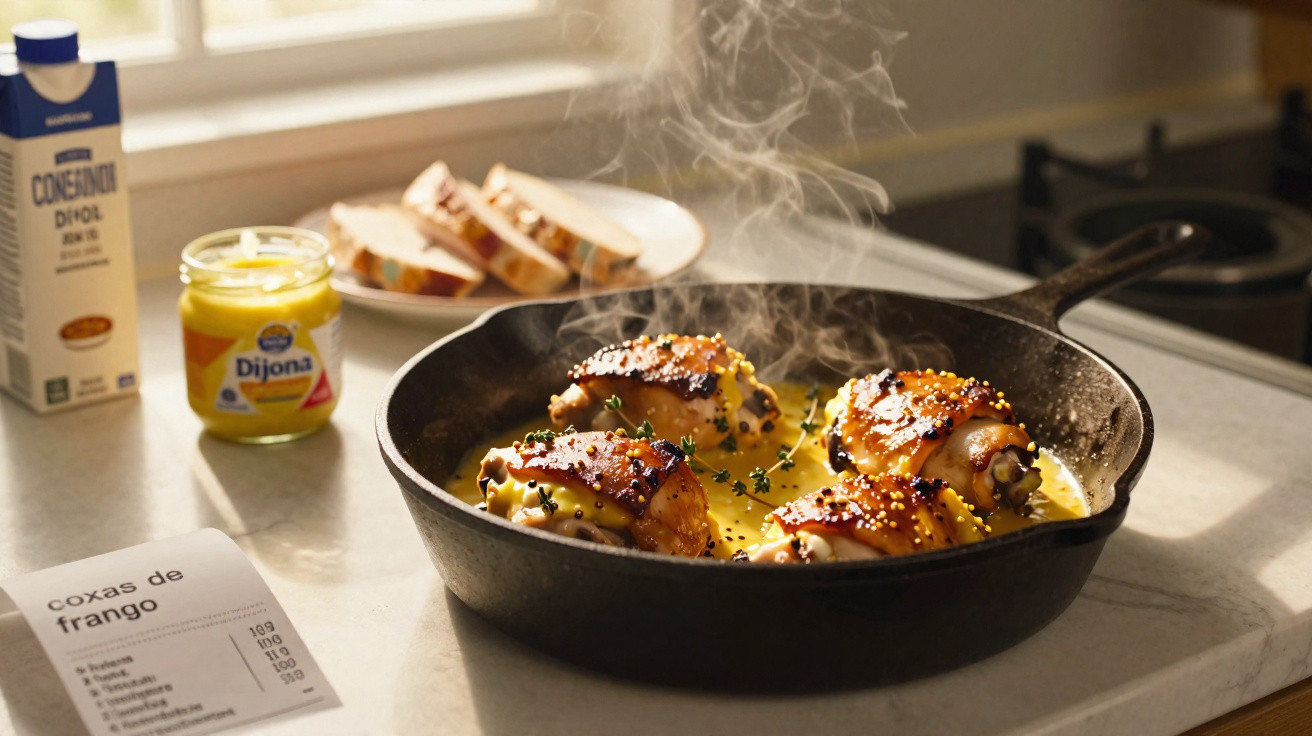 Frango a cozinhar numa frigideira com molho amarelo e mostarda Dijon ao lado numa bancada de cozinha.