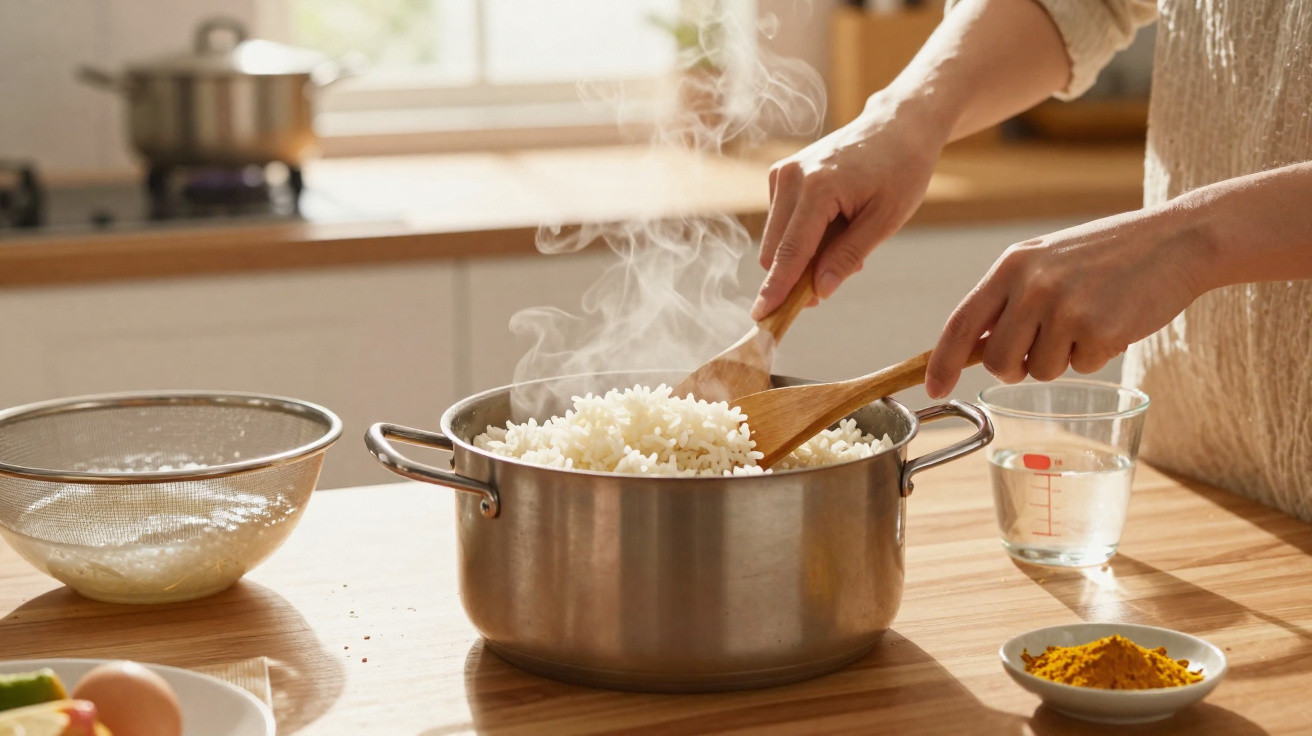 Pessoa a mexer arroz acabado de cozinhar numa panela de inox numa cozinha moderna e luminosa.