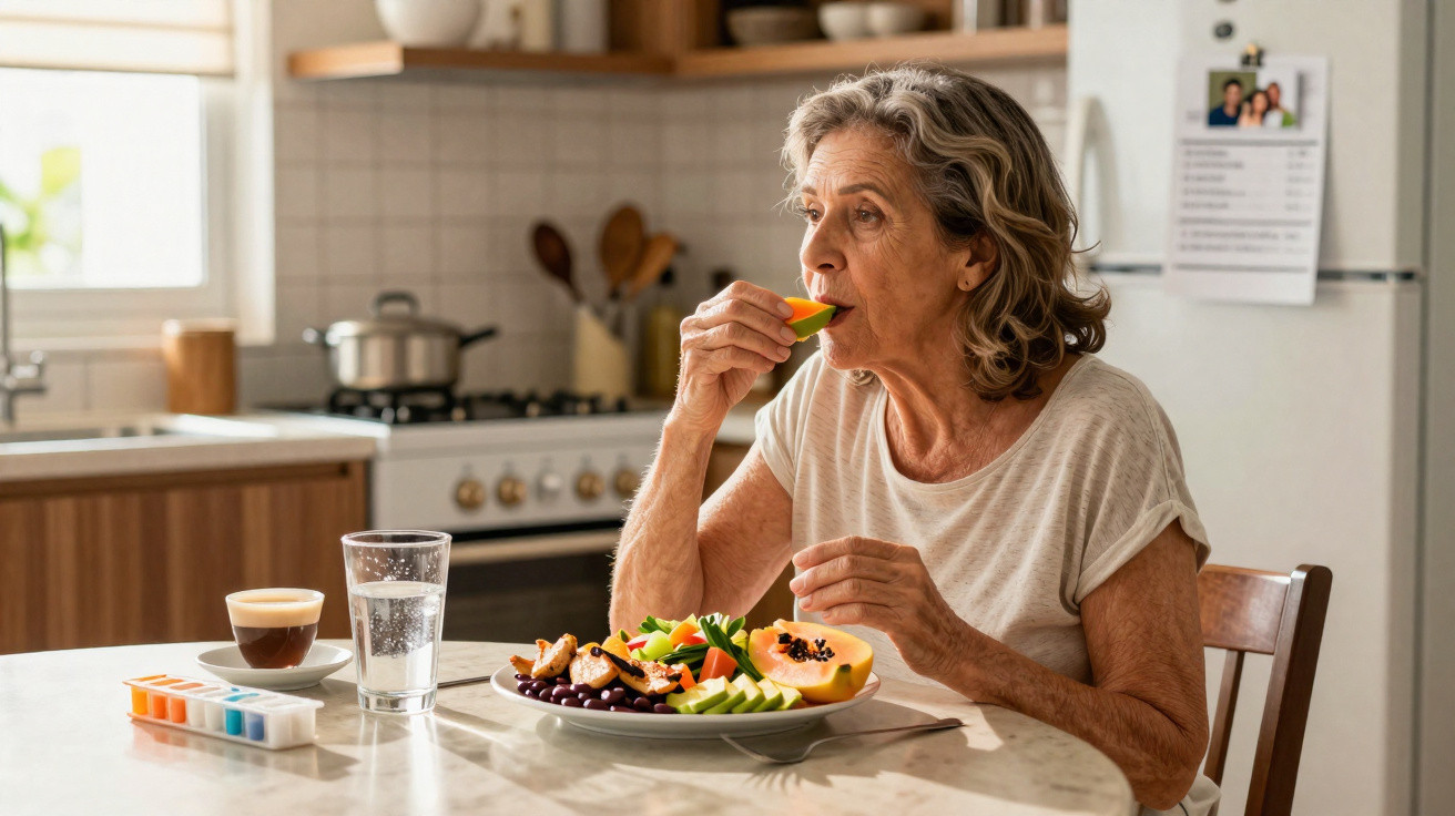 Mulher idosa a comer fruta na cozinha, com prato colorido e bebida na mesa.