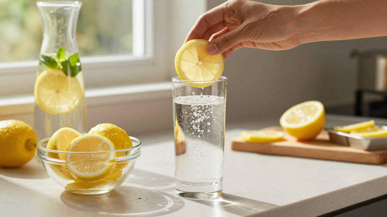 Mão a colocar uma rodela de limão num copo de água com gás numa cozinha iluminada a luz natural.