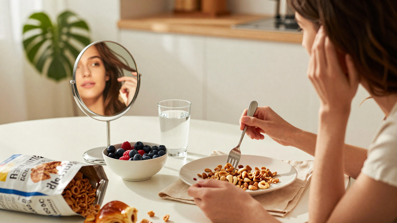 Mulher a comer cereais numa mesa com fruta, água e espelho a refletir o seu rosto.