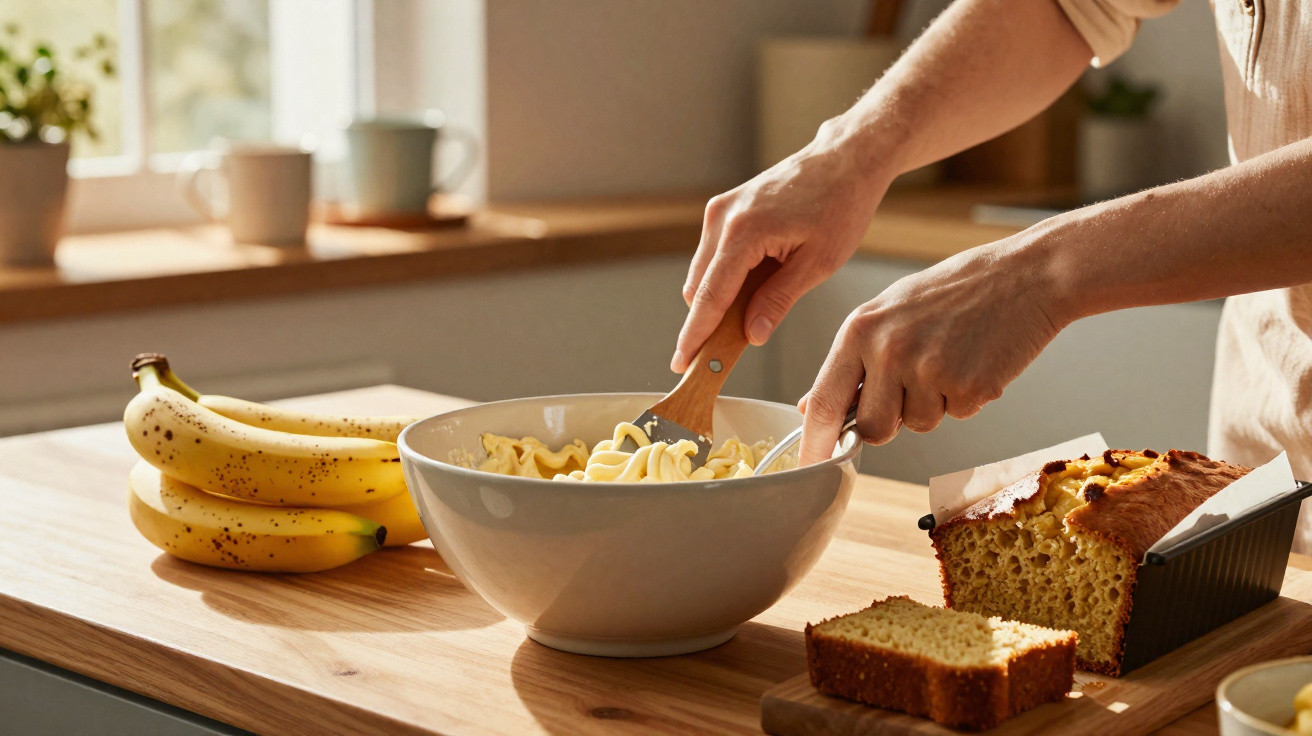 Pessoa a misturar massa numa tigela na cozinha, com bananas e bolo fatiado na bancada.