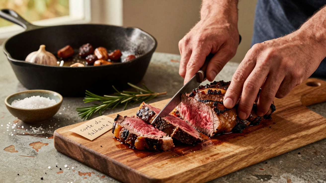 Pessoa a cortar um bife cozinhado malpassado numa tábua de madeira com sal e ervas ao fundo.