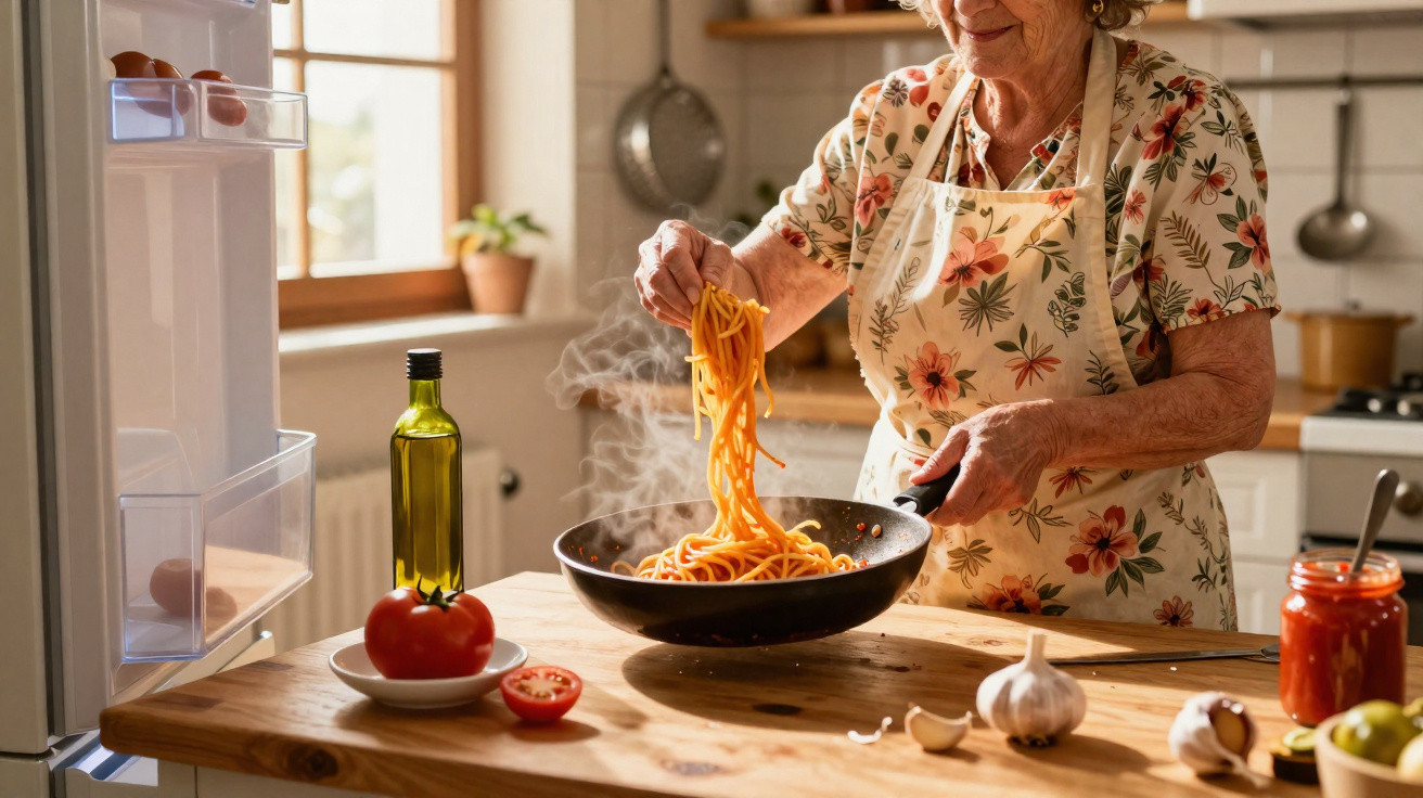 Pessoa idosa a cozinhar esparguete numa cozinha iluminada, com ingredientes frescos na bancada.