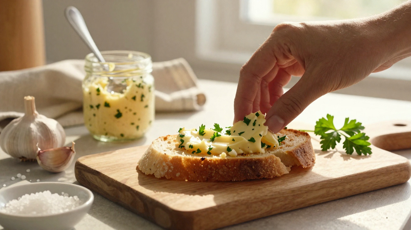 Mão a colocar manteiga de alho com ervas num pão sobre tábua de madeira numa cozinha iluminada.