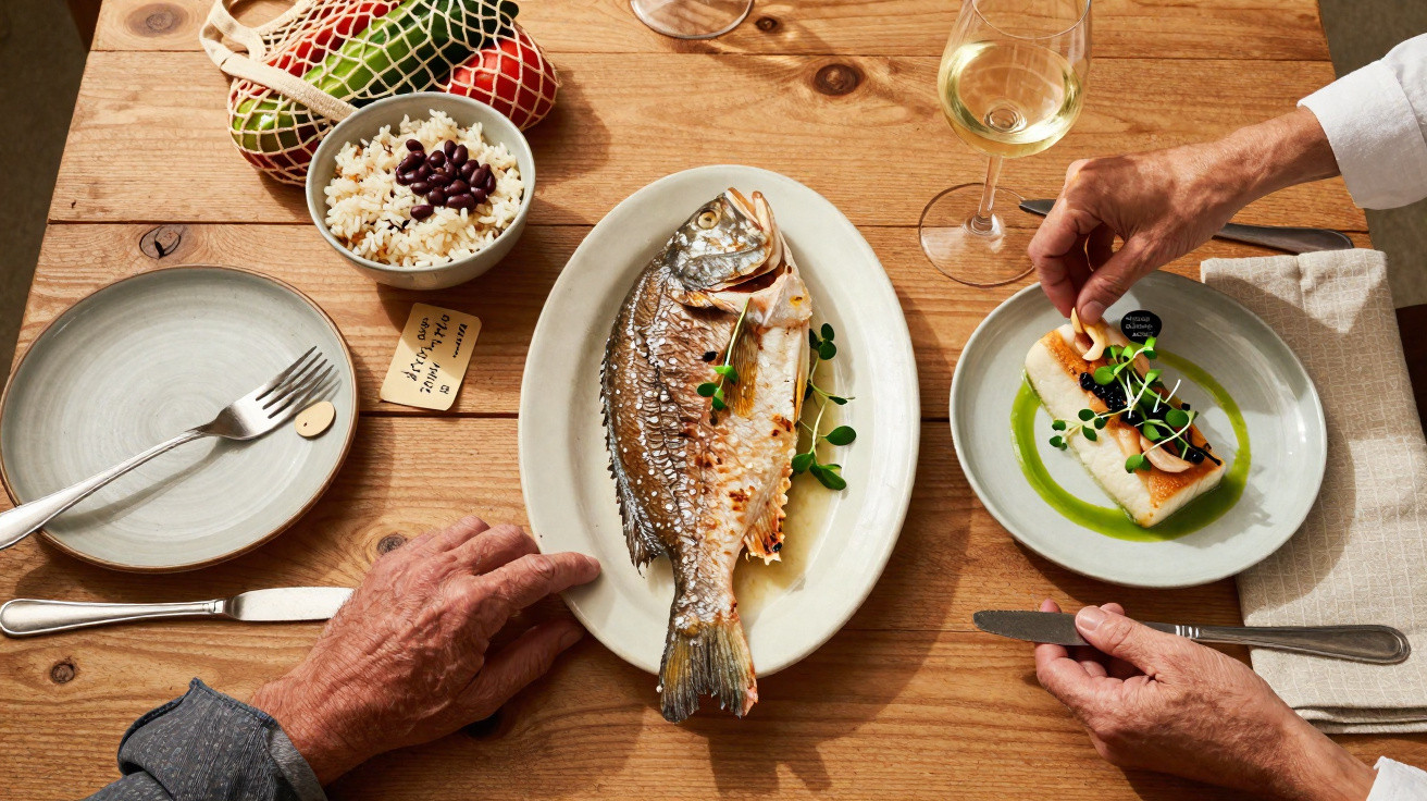 Mesa de madeira com peixe grelhado, prato com arroz e feijão, e comida gourmet decorada, duas pessoas a comer.