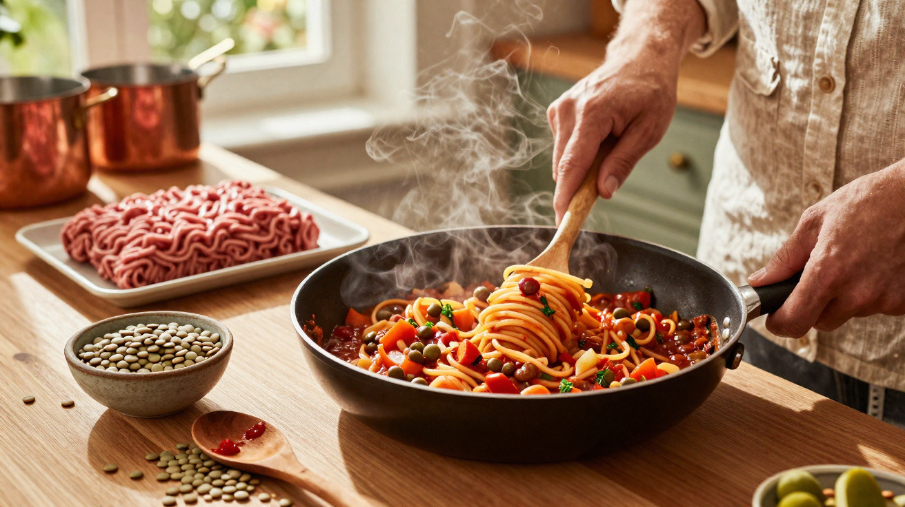 Pessoa a mexer esparguete com molho de tomate e legumes numa frigideira na cozinha iluminada.