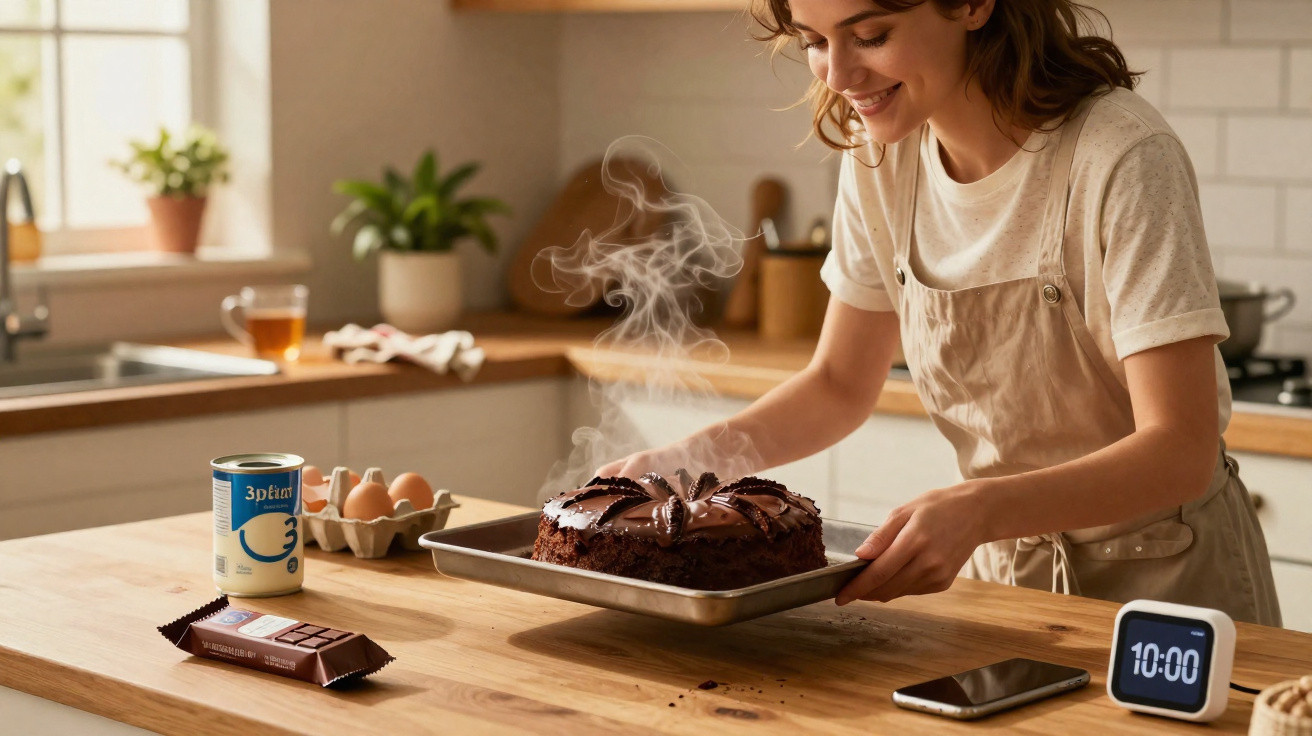 Mulher sorridente a tirar bolo quente do forno numa cozinha moderna e iluminada.
