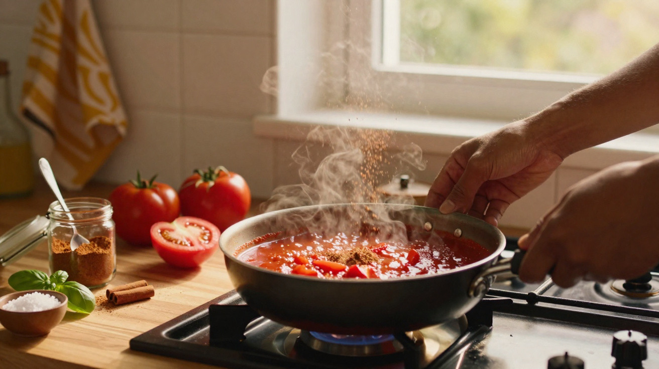 Pessoa a temperar molho de tomate a ferver numa frigideira sobre um fogão a gás.