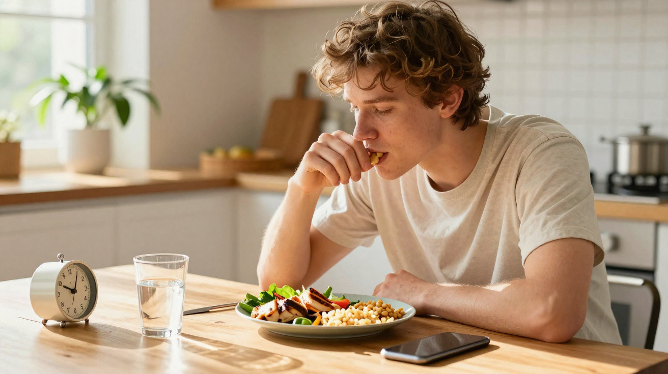 Jovem a comer uma refeição saudável ao almoço na cozinha, com copo de água e smartphone na mesa.