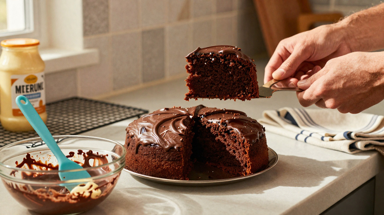 Bolo de chocolate com cobertura cremosa, uma fatia a ser servida numa cozinha com utensílios e jarra ao fundo.