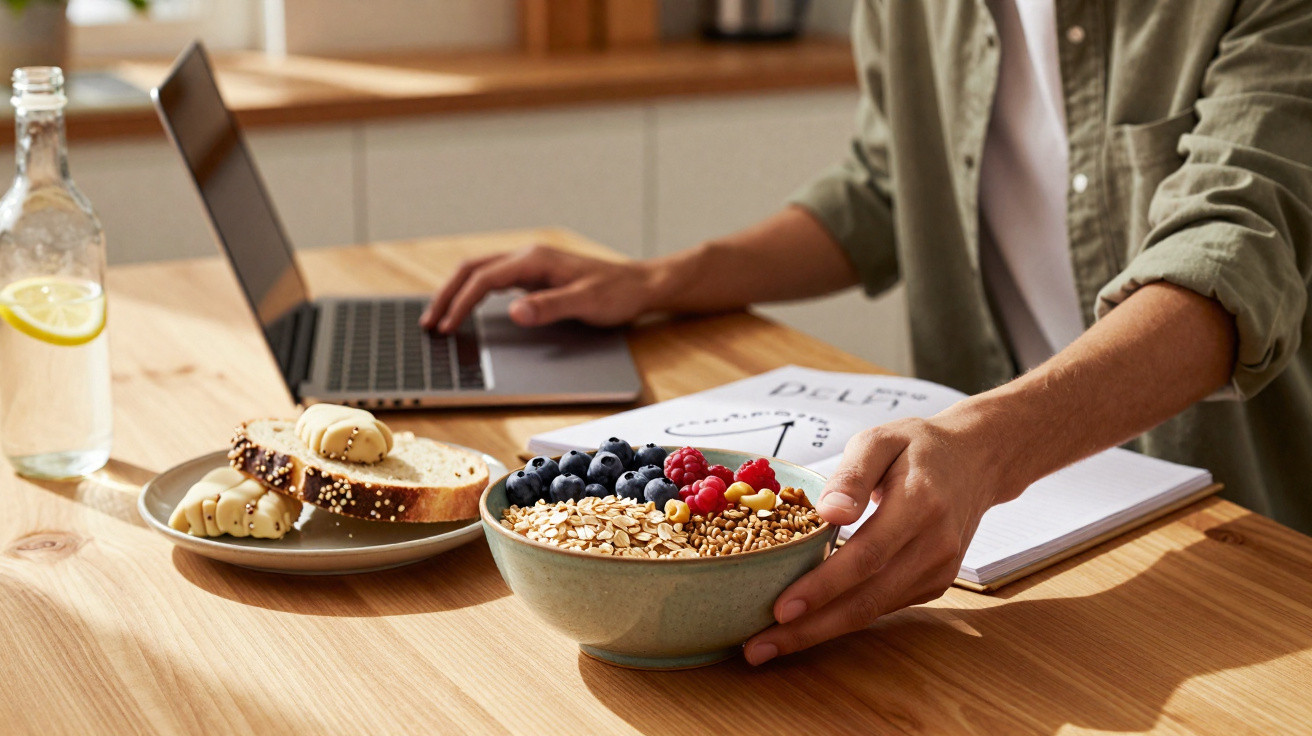 Pessoa a trabalhar num portátil com tigela de granola e frutos vermelhos numa mesa de madeira clara.
