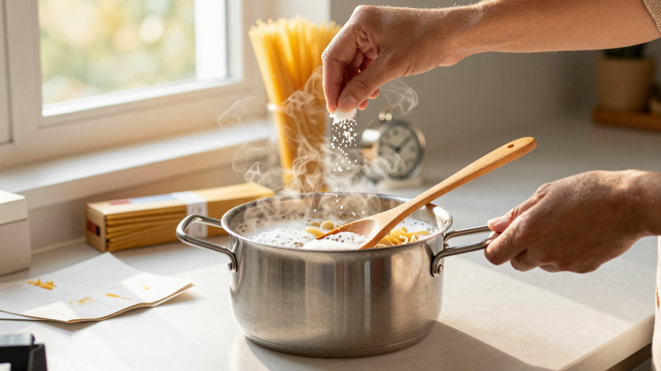 Mãos a temperar com sal uma panela de massa a cozinhar numa cozinha iluminada pela janela.