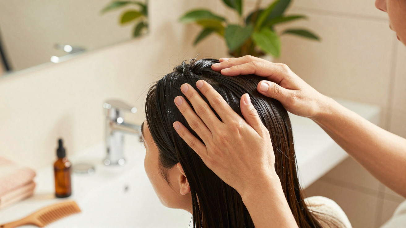 Pessoa a aplicar óleo capilar no cabelo molhado junto a uma pia branca com planta ao fundo.
