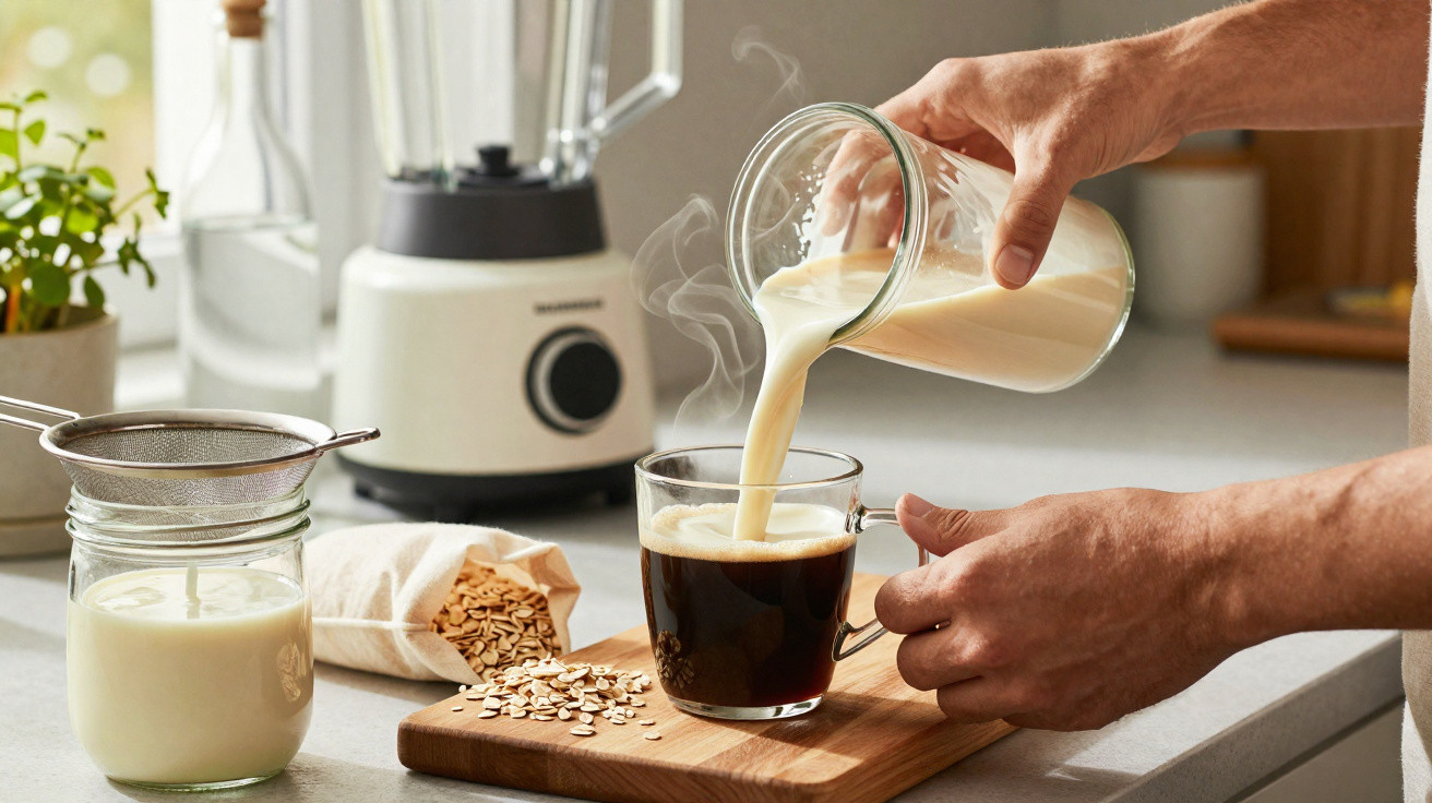 Mãos a verter leite quente numa chávena de café recém-passado numa cozinha moderna.
