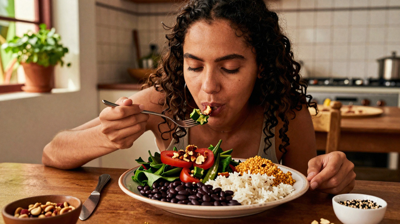 Mulher a saborear uma refeição saudável com arroz, feijão, salada e legumes numa cozinha iluminada.