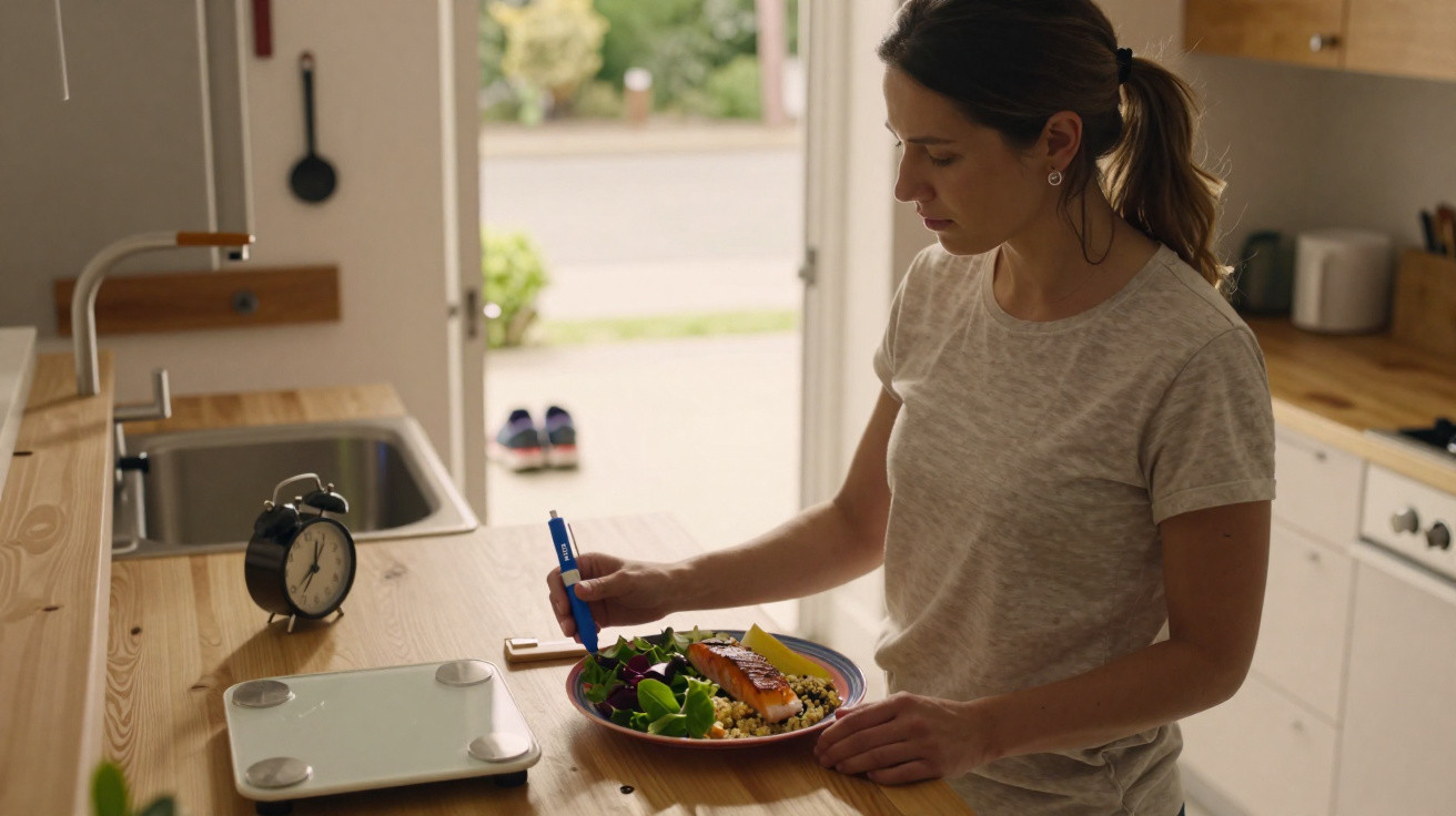 Mulher sentada na cozinha a comer uma salada com salmão, com balança e relógio na bancada de madeira.