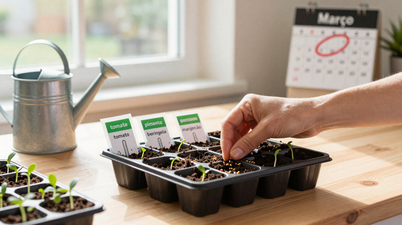 Sementes a germinar em tabuleiros com etiquetas de tomate, pimento, berinjela e manjericão, mão a semear.