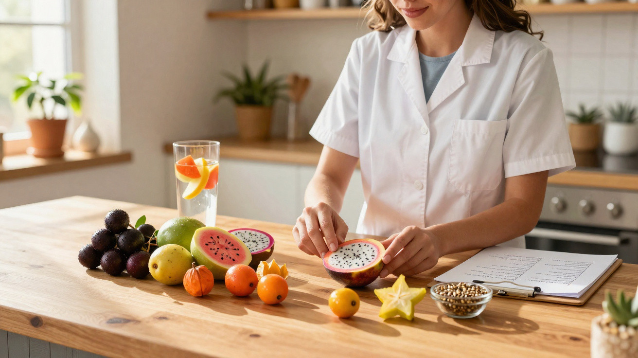 Mulher em bata branca a preparar fruta exótica numa cozinha com lista de alimentos à sua frente.