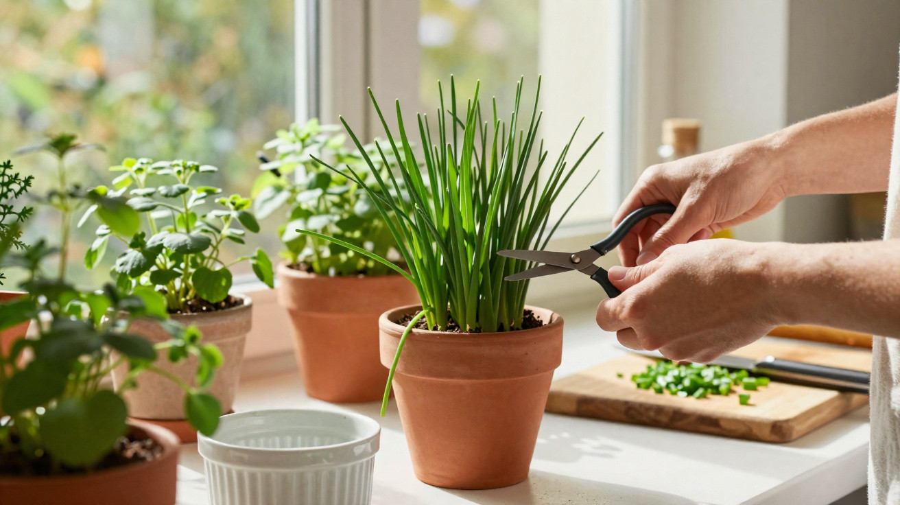 Pessoa a cortar cebolinho em vaso de barro perto de outras plantas num peitoril de janela ensolarado.
