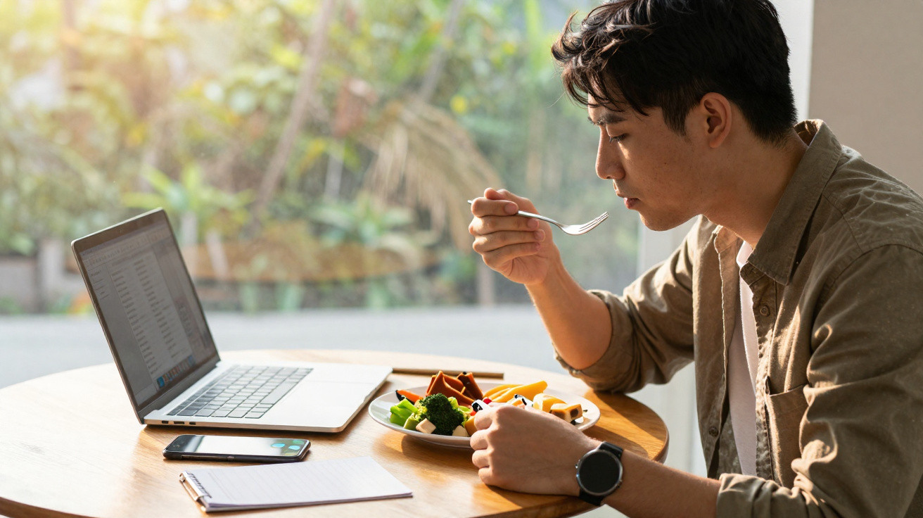 Homem a almoçar comida saudável enquanto trabalha no portátil numa mesa com telemóvel e caderno.