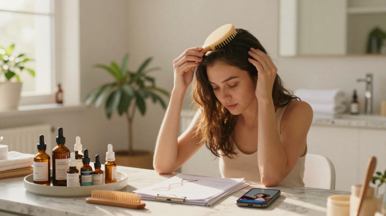 Mulher sentada à mesa, a pentear o cabelo e a ler documentos, rodeada por frascos de produtos e um telemóvel.