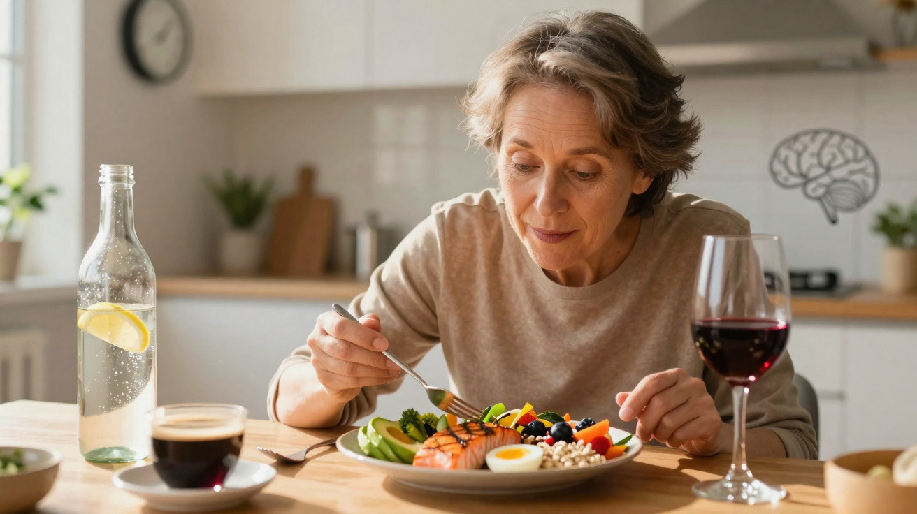 Mulher adulta a comer uma refeição saudável com salmão, ovo, legumes, água e vinho tinto numa cozinha moderna.