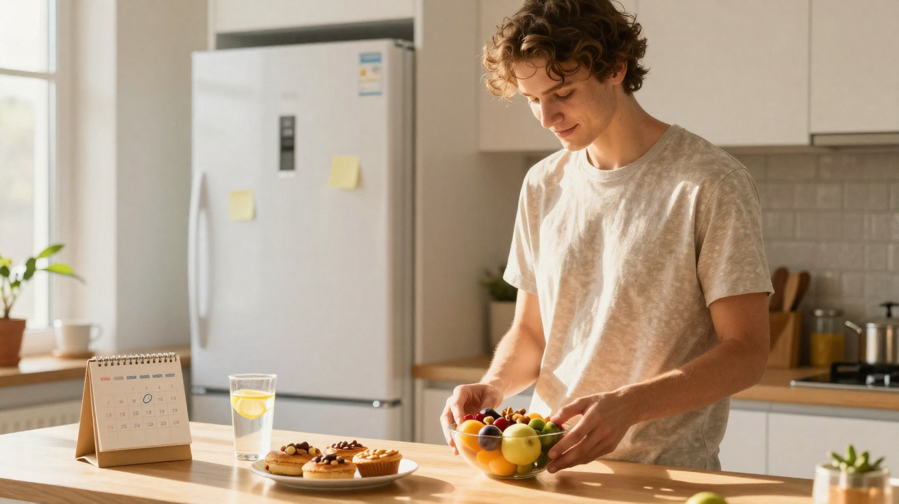 Jovem a colocar uma taça de fruta sobre a mesa de cozinha com bolos, copo de água e calendário ao lado.