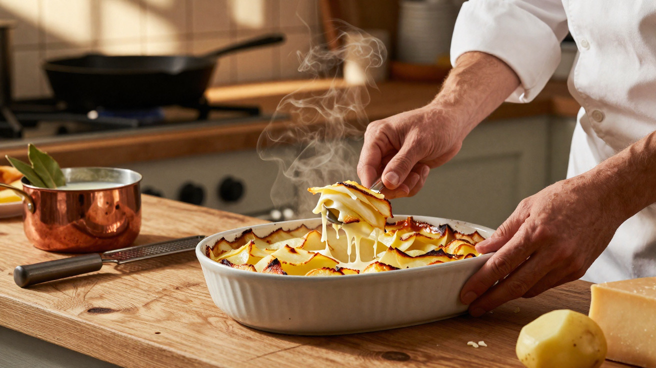 Mãos a servir lasanha fumegante acabada de sair do forno numa tigela branca numa cozinha rústica.