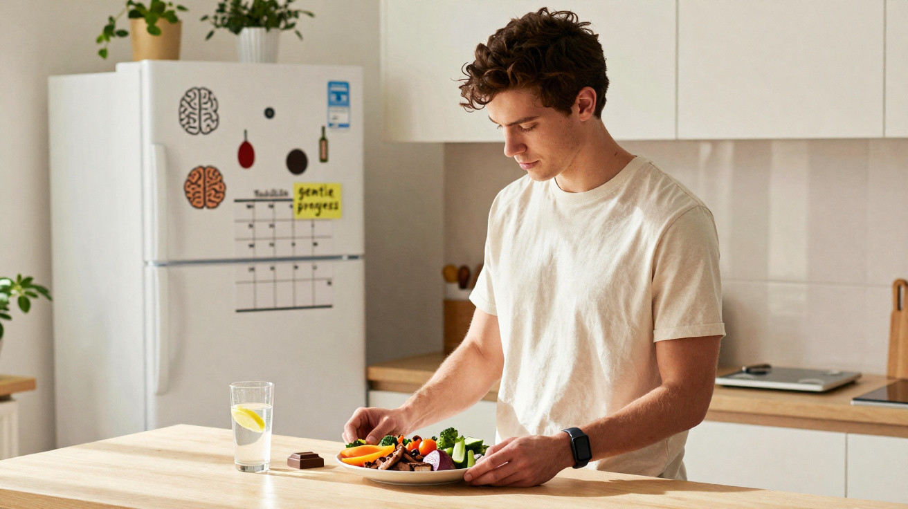 Homem jovem na cozinha a preparar prato com legumes e frutas, ao lado de copo de água com limão.