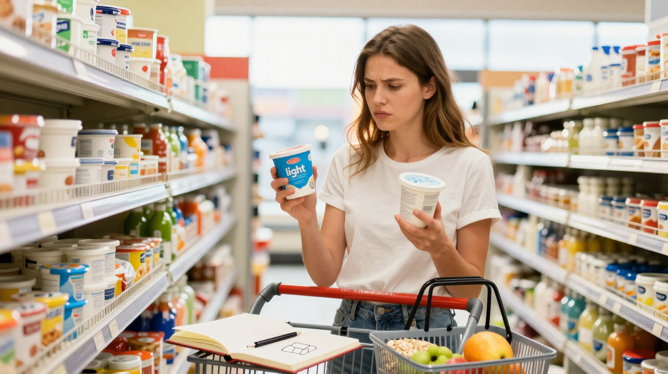 Mulher jovem compara dois iogurtes no corredor de um supermercado, com carrinho cheio de frutas e caderno.