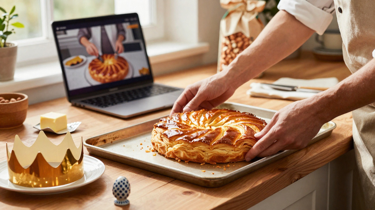 Pessoa a retirar uma tarte dourada do forno em cozinha, com coroa e computador ao fundo.