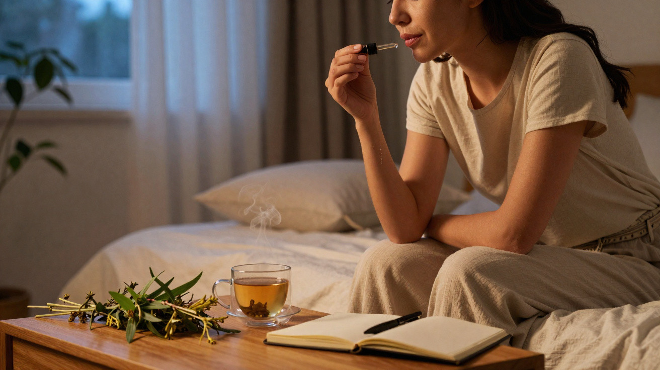 Mulher sentada na cama a usar gota para o nariz, com chá, plantas e caderno numa mesa à frente.