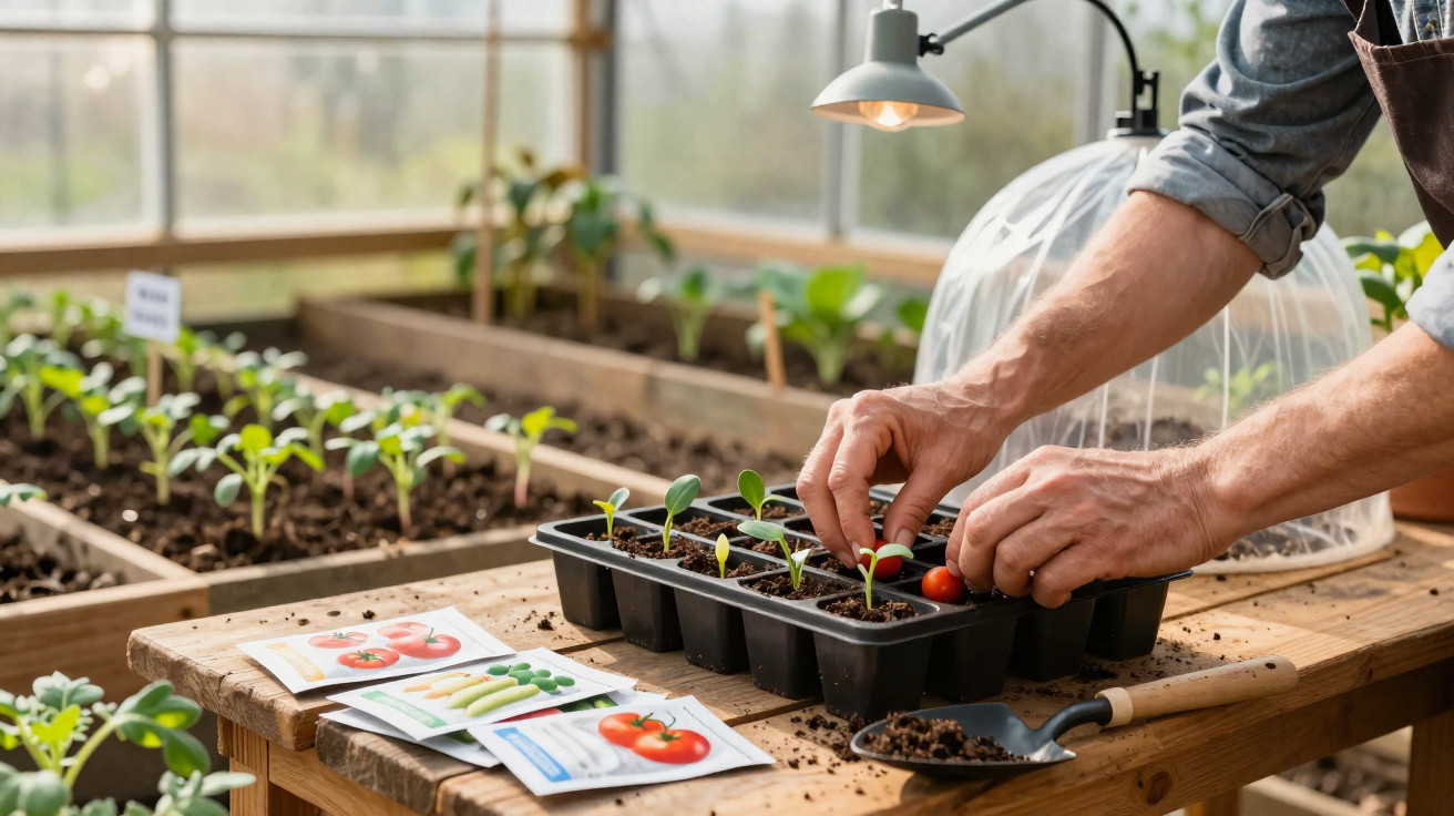 Mãos plantando e cuidando de mudas numa estufa com pacotes de sementes e ferramentas sobre a mesa de madeira.