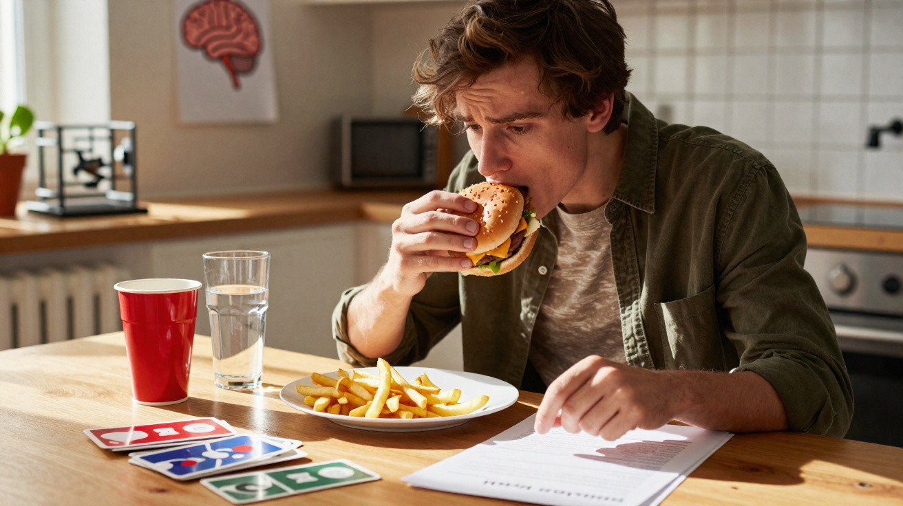 Homem a comer hambúrguer e batatas fritas enquanto lê um documento numa cozinha.