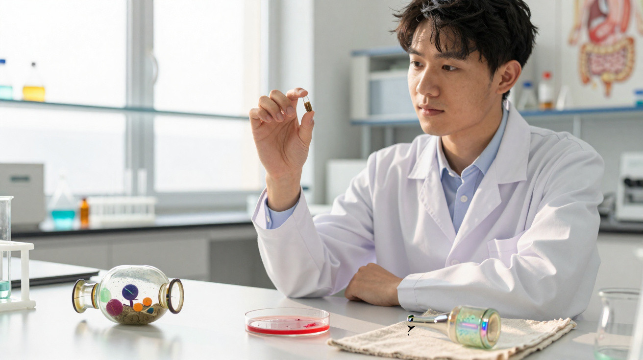 Homem de bata branca observa cápsula em laboratório com material científico e frascos na bancada.