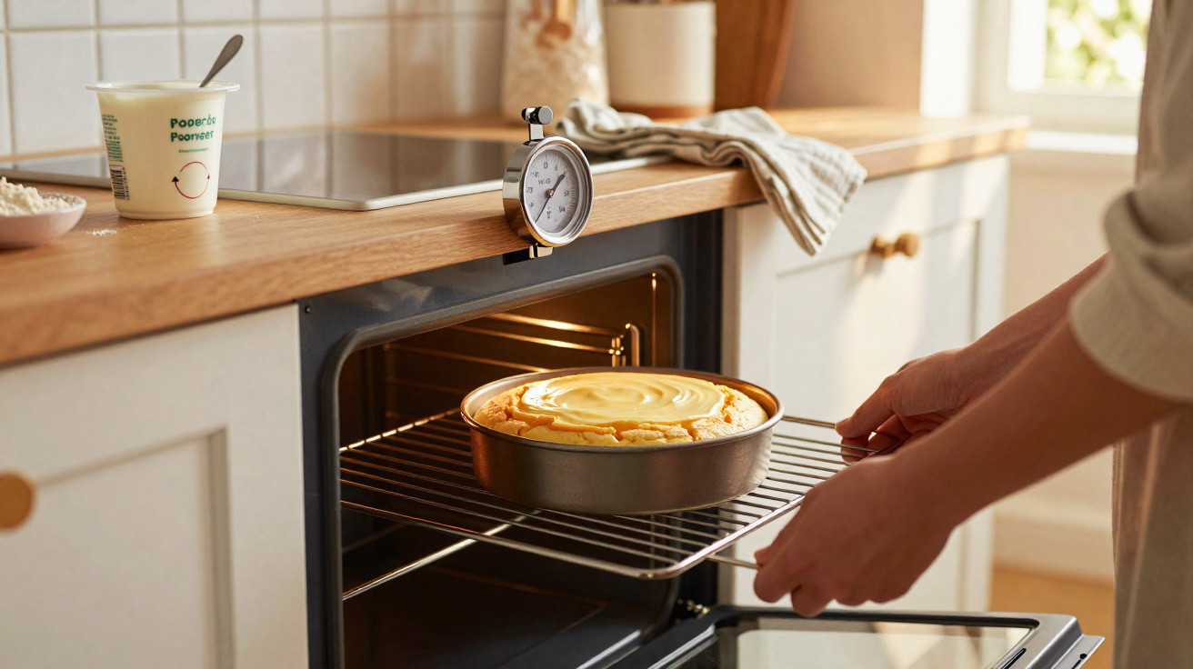 Pessoa a retirar bolo de forma redonda do forno numa cozinha iluminada, com temporizador na bancada.