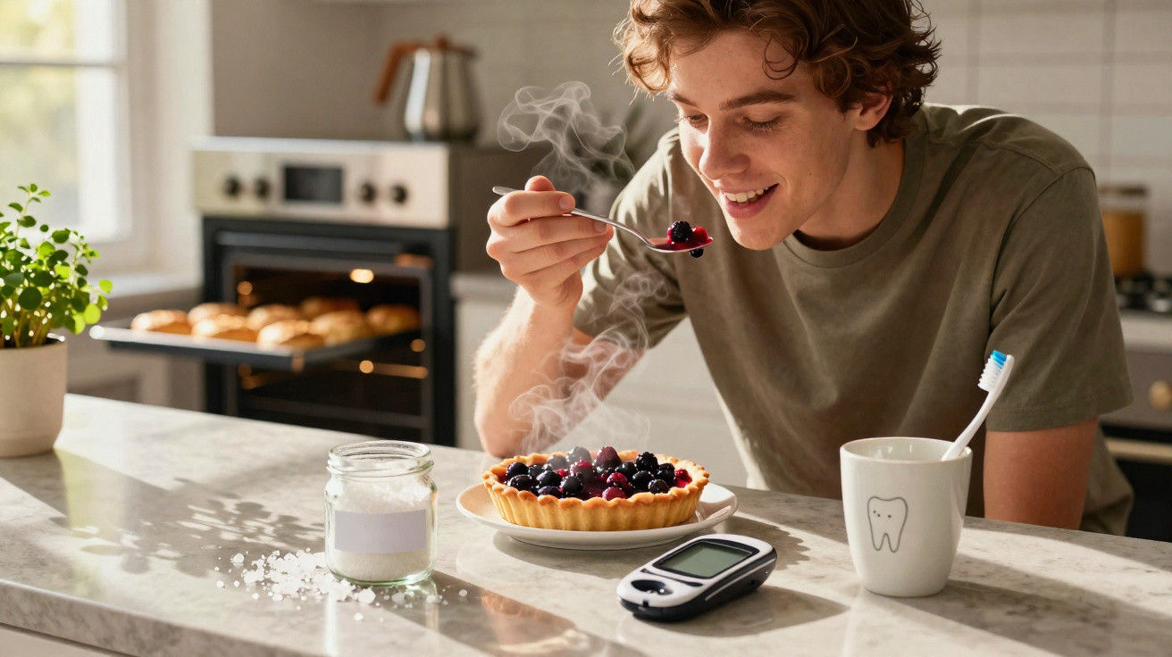 Jovem a saborear tarte de frutos vermelhos quente na cozinha, com medidor de glicose na bancada.