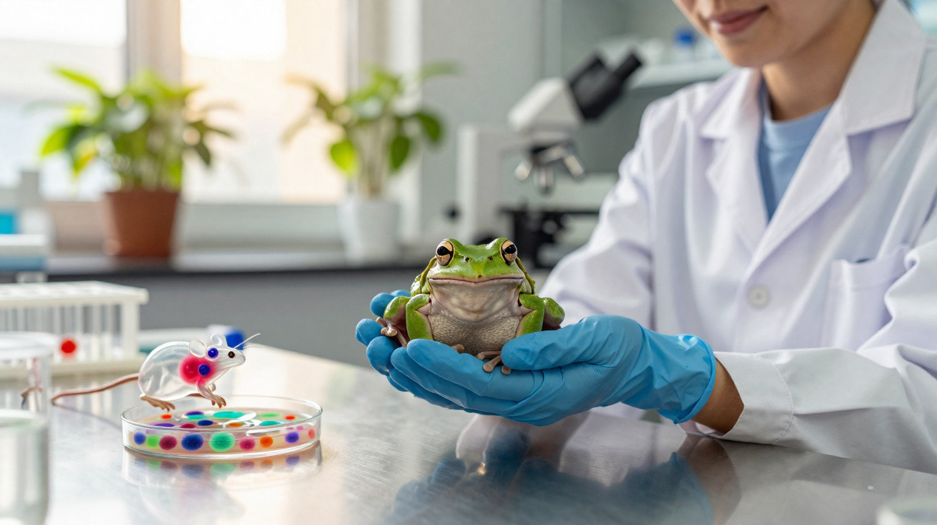 Investigador de luvas azuis segura rã verde em laboratório com rato de vidro colorido sobre mesa metálica.