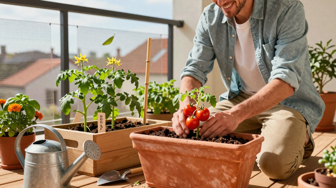 Homem a cuidar de tomateiras em vasos num terraço com plantas e regador ao lado.