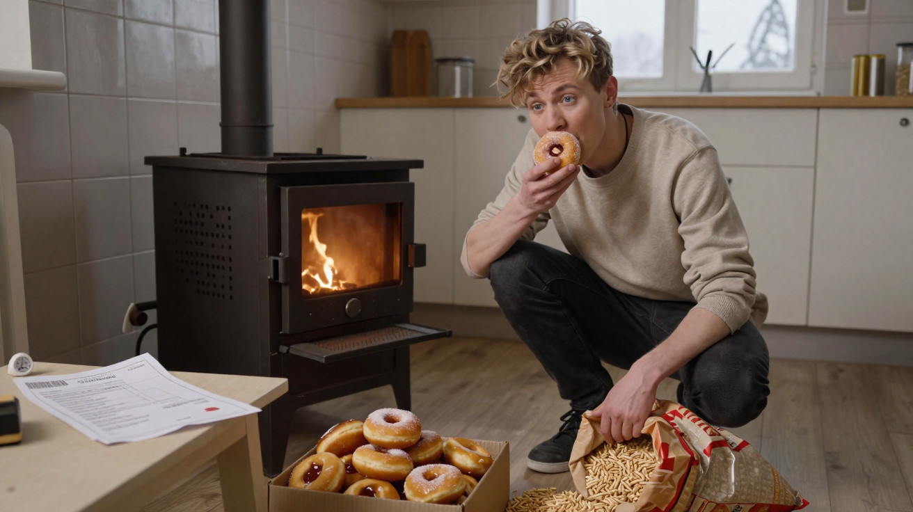Jovem a comer um donut junto a uma lareira com uma caixa de donuts e um grande saco de batatas fritas à sua frente.
