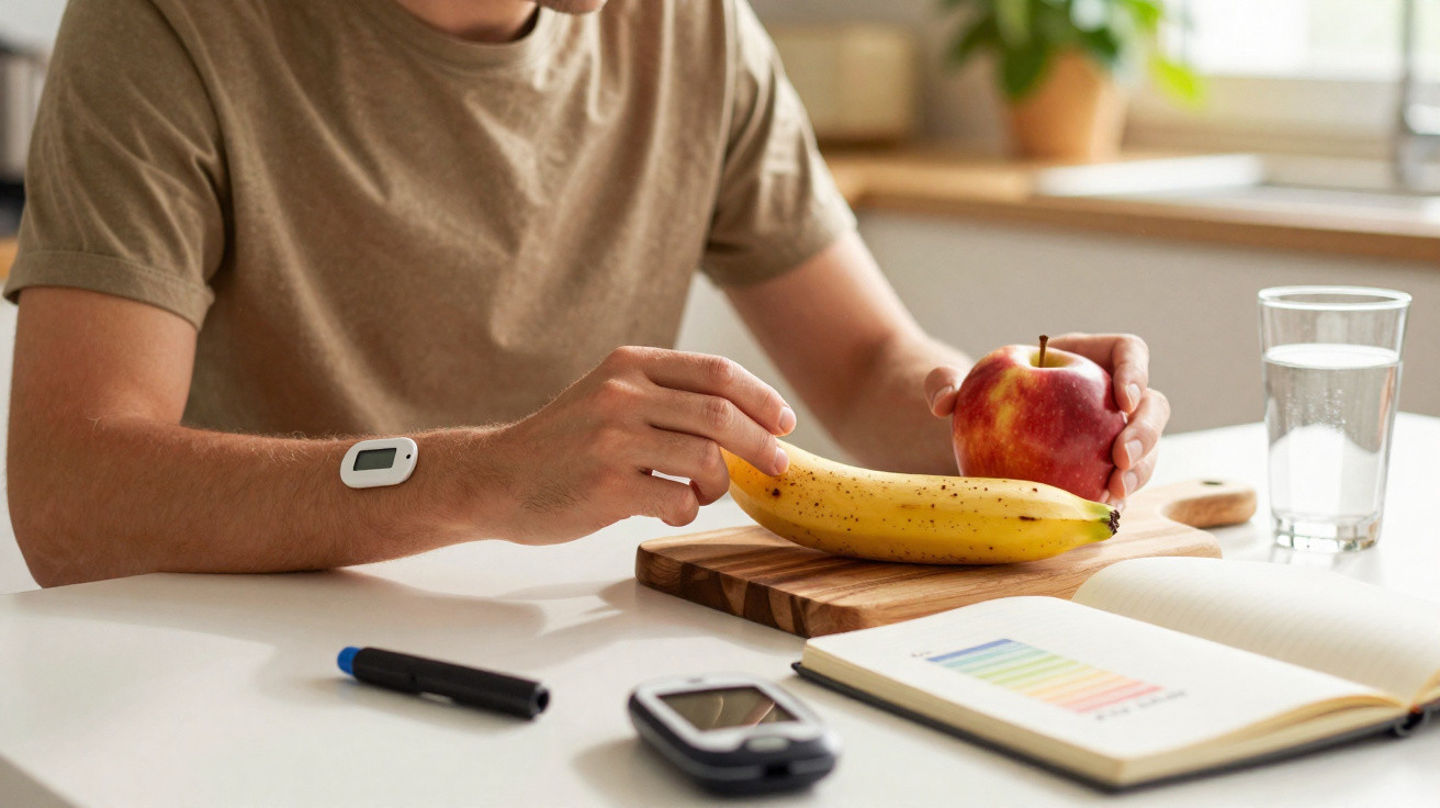 Pessoa segurando uma maçã e banana numa mesa com medidor de glicose, caneta e copo de água.