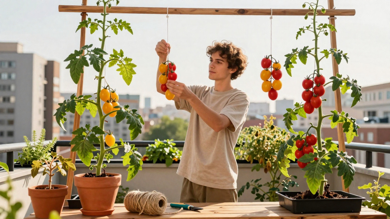 Jovem a colher tomates vermelhos e amarelos cultivados em vasos numa varanda ensolarada com prédio ao fundo.