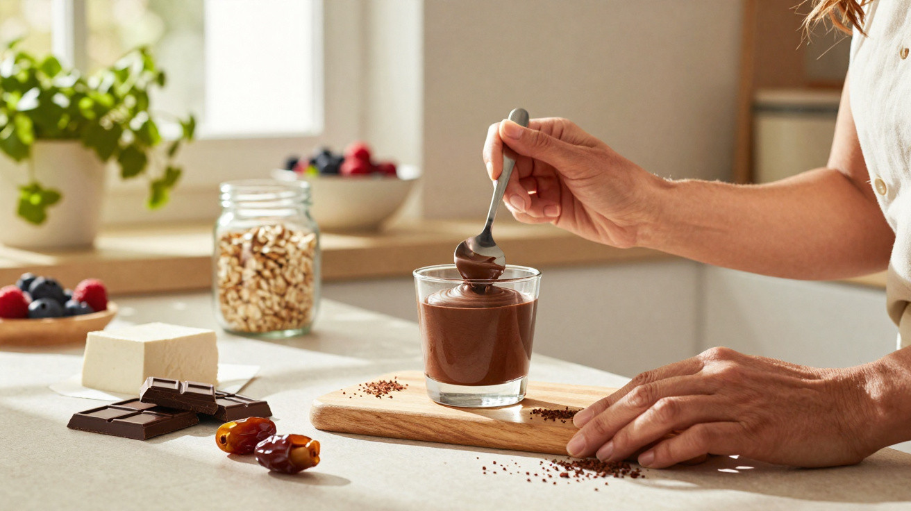 Mãos a colocar mousse de chocolate num copo, com ingredientes e frutos secos numa bancada de cozinha.