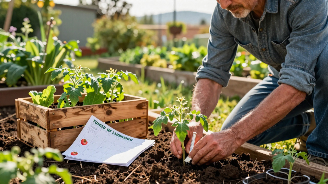 Homem a plantar muda de tomate num jardim com calendário de plantação numa caixa de madeira.